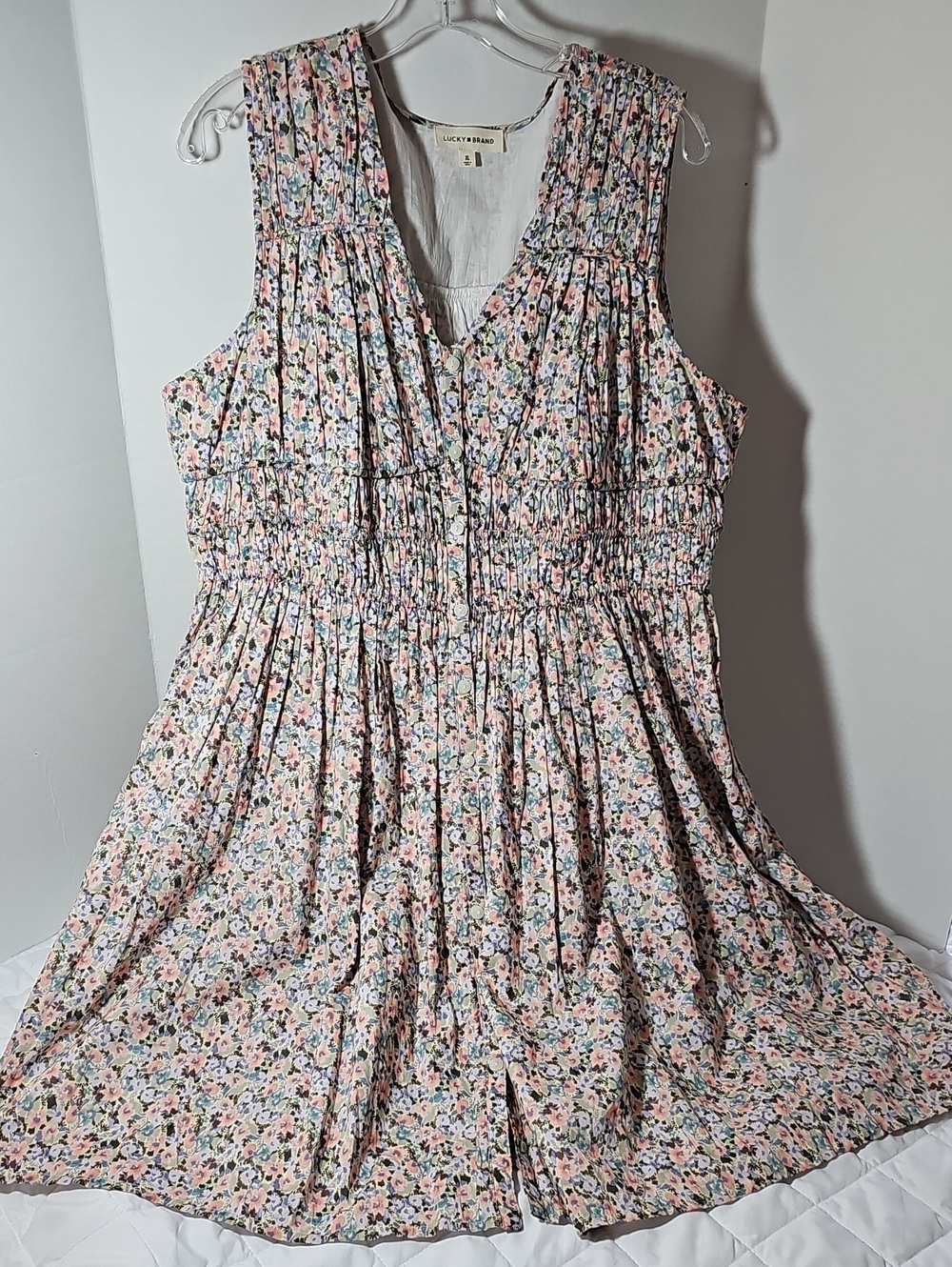 Lucky Brand Pastel Multi Floral Sleeveless Smocked Midi Dress